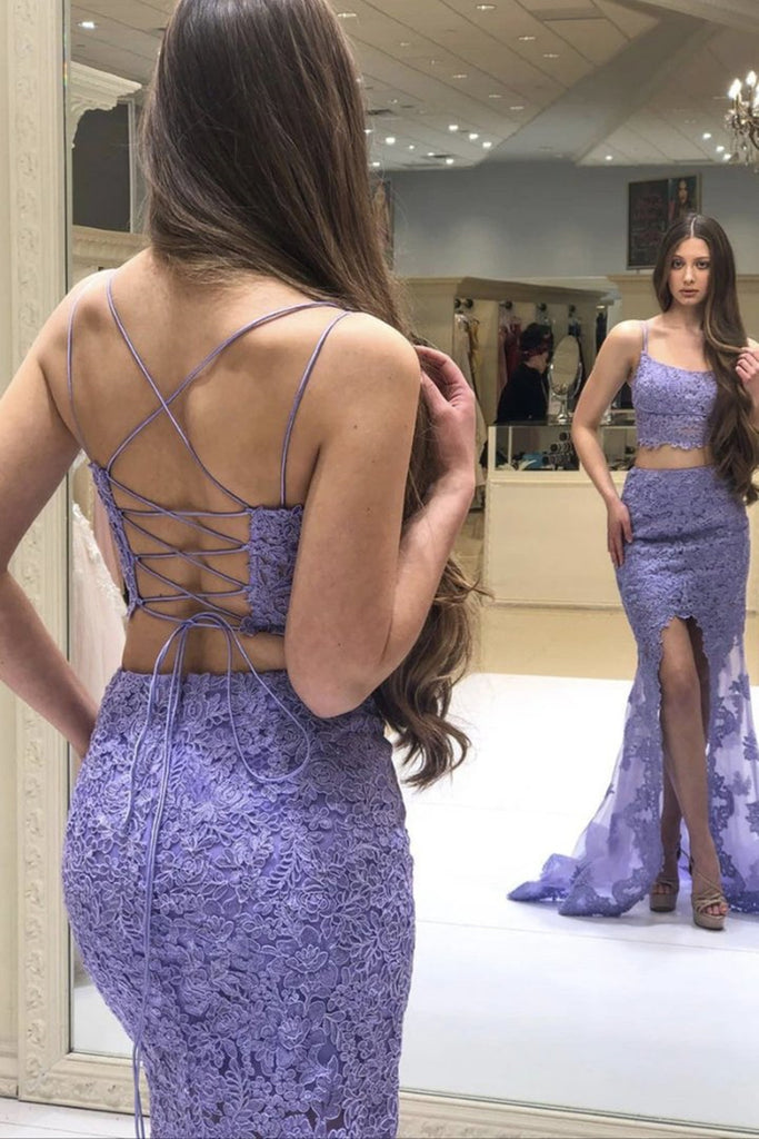Mermaid 2 Pieces Purple Lace Long Prom Dress with Slit, Two Pieces Pur abcprom Mermaid 2 Pieces Purple Lace Long Prom Dress with Slit, Two Pieces Pur abcprom