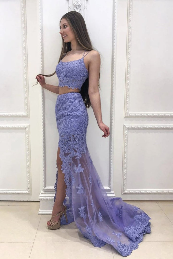 Mermaid 2 Pieces Purple Lace Long Prom Dress with Slit, Two Pieces Pur abcprom Mermaid 2 Pieces Purple Lace Long Prom Dress with Slit, Two Pieces Pur abcprom