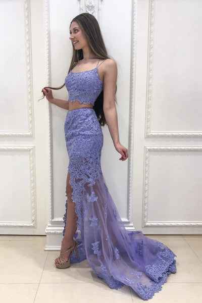 Mermaid 2 Pieces Purple Lace Long Prom Dress with Slit, Two Pieces Purple Lace Formal Dress, Purple Evening Dress