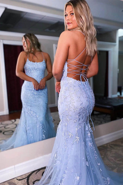 Mermaid Backless Beaded Yellow/Blue Lace Tulle Long Prom Dress, Yellow/Blue Lace Formal Graduation Evening Dress A1505