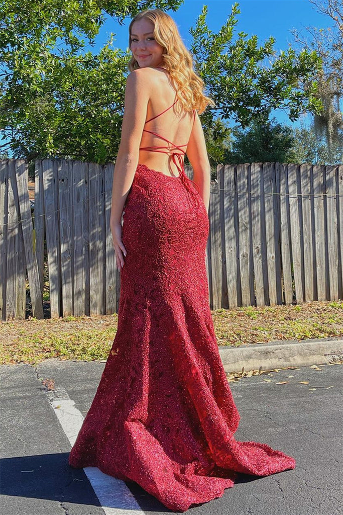 burgundy backless mermaid dress Simple V-neck Spaghetti Straps Burgundy Sequins Mermaid Prom Dress,MP567