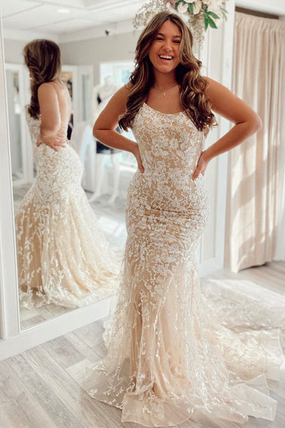 Mermaid Backless Champagne Lace Long Prom Dress, Mermaid Champagne Formal Dress, Champagne Lace Evening Dress A1421