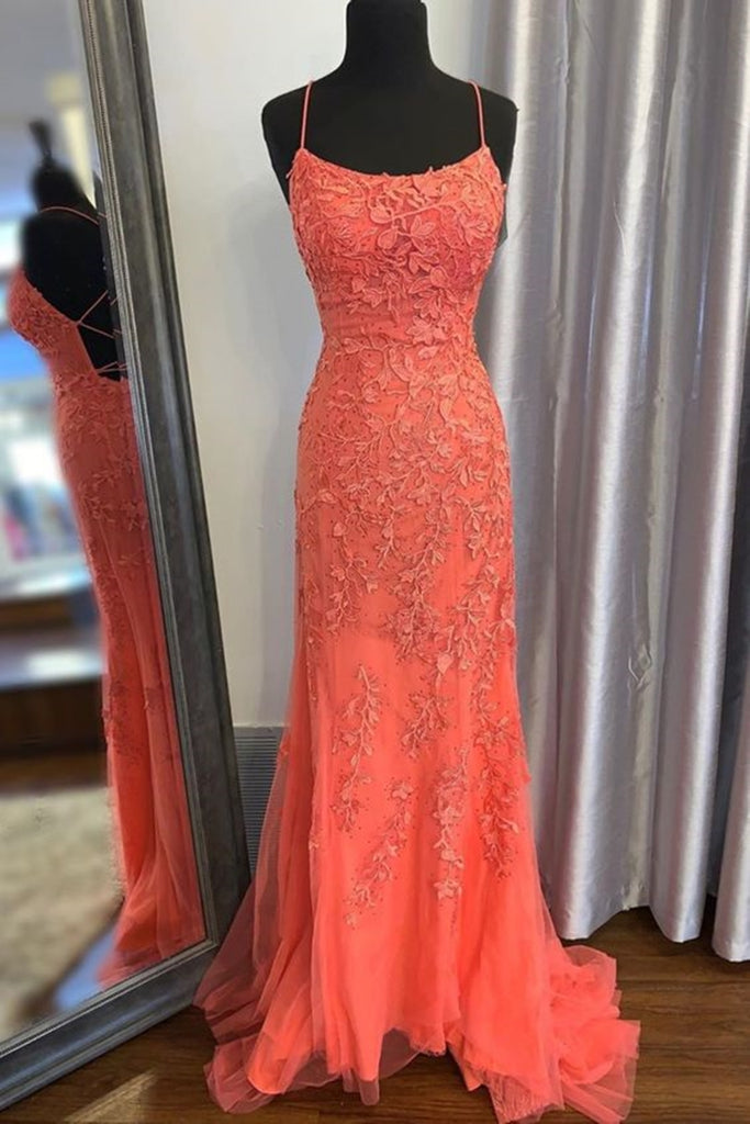 Mermaid Backless Orange Lace Long Prom Dress, Mermaid Orange Lace Form abcprom Mermaid Backless Orange Lace Long Prom Dress, Mermaid Orange Lace Form abcprom