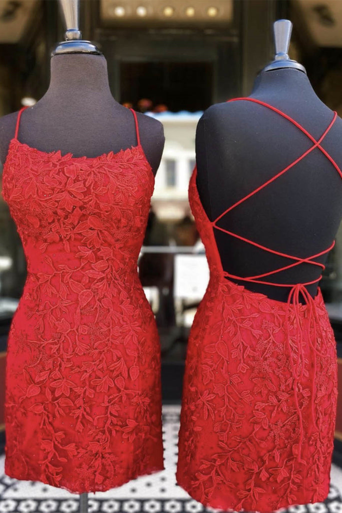Mermaid Backless Short Red Lace Prom Homecoming Dress, Mermaid Red Formal Dress, Red Lace Evening Dress A1291