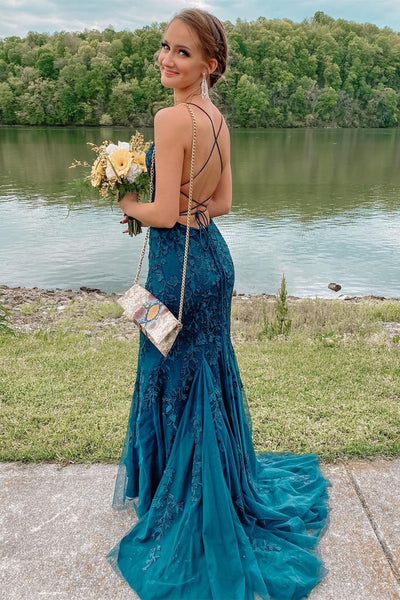 Mermaid Backless Teal Lace Long Prom Dress, Teal Lace Formal Dress, Mermaid Teal Evening Dress A1437