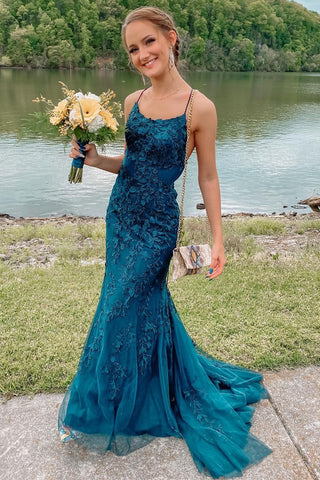 Mermaid Backless Teal Lace Long Prom Dress, Teal Lace Formal Dress, Mermaid Teal Evening Dress A1437