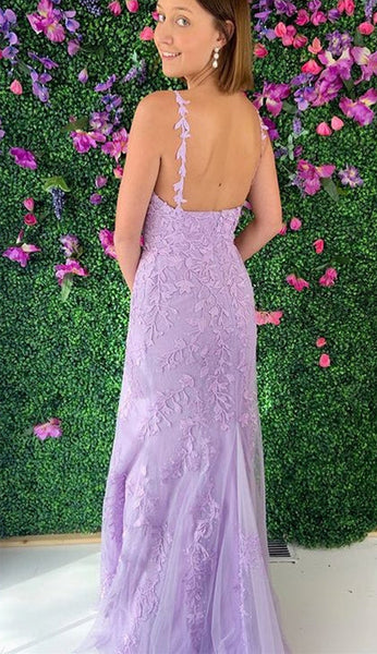 Mermaid Backless V Neck Purple Lace Long Prom Dress, Mermaid Purple Tulle Formal Dress, Purple Lace Evening Dress A1500