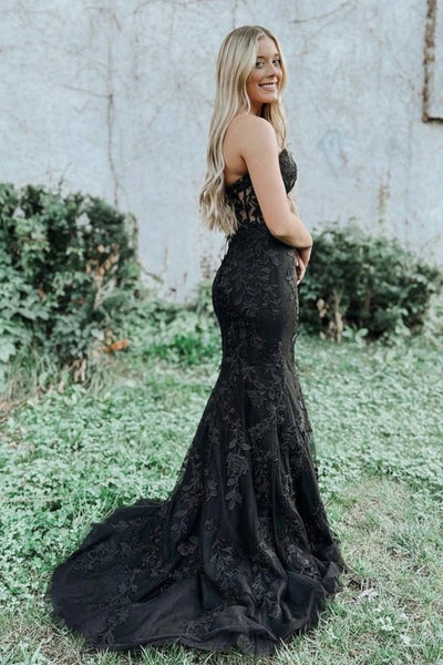 Mermaid Black Lace Long Prom Dress, Strapless Mermaid Black Formal Dress, Black Lace Evening Dress A1365