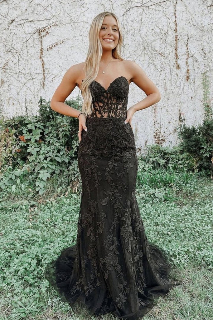 Mermaid Black Lace Long Prom Dress, Strapless Mermaid Black Formal Dre abcprom Mermaid Black Lace Long Prom Dress, Strapless Mermaid Black Formal Dre abcprom