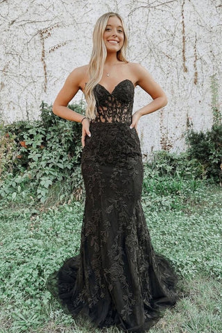 Mermaid Black Lace Long Prom Dress, Strapless Mermaid Black Formal Dress, Black Lace Evening Dress A1365