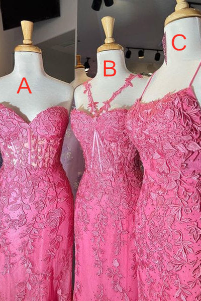 Mermaid Hot Pink Lace Long Prom Dress, Long Hot Pink Formal Graduation Evening Dress A1812