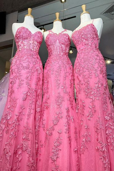 Mermaid Hot Pink Lace Long Prom Dress, Long Hot Pink Formal Graduation Evening Dress A1812