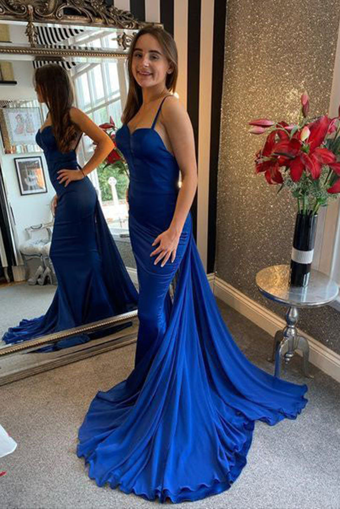 Mermaid Open Back Blue Long Prom Dress with Train, Mermaid Blue Formal