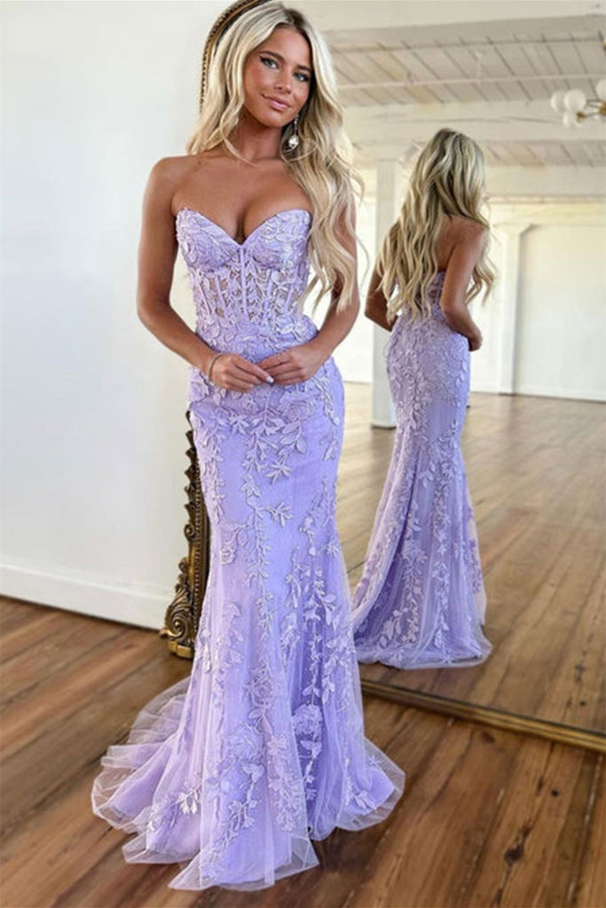 Mermaid Strapless Purple Lace Long Prom Dress, Purple Lace Formal Dress, Long Purple Evening Dress A1733