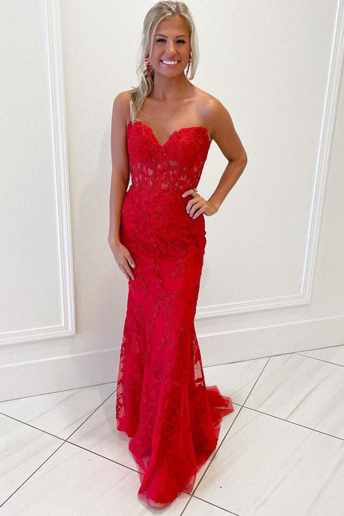 Mermaid Strapless Red/Black/Pink/Blue Lace Long Prom Dress, Red/Black/Pink/Blue Lace Formal Graduation Evening Dress A1519