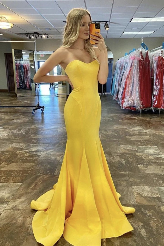 Mermaid Sweetheart Neck Yellow Satin Long Prom Dress, Mermaid Yellow Formal Dress, Yellow Evening Dress