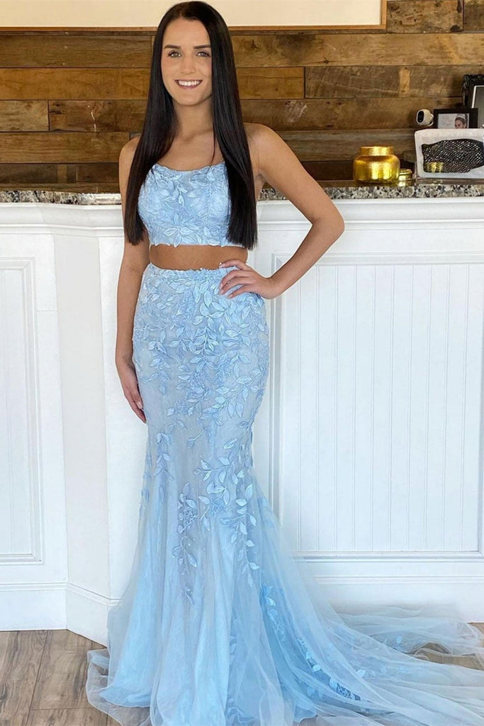 Mermaid Two Pieces Blue Lace Long Prom Dress, 2 Piece Blue Formal Dress, Blue Lace Evening Dress A1395
