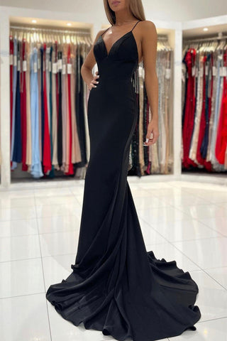 Mermaid V Neck Backless Black Long Prom Dress, Mermaid Black Formal Graduation Evening Dress A1466