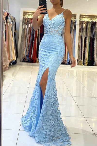 Mermaid V Neck Backless Blue Lace Long Prom Dress, Mermaid Blue Lace Formal Dress, Blue Lace Evening Dress A1349