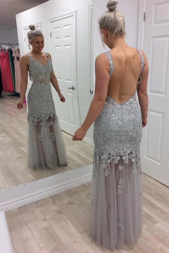Mermaid V Neck Backless Grey Lace Long Prom Dress, Mermaid Grey Formal Dress, Grey Lace Evening Dress