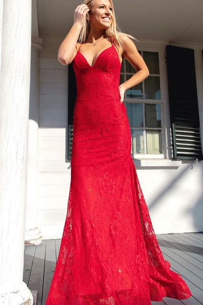 Mermaid V Neck Backless Red Lace Long Prom Dress, Mermaid Red Formal Dress, Red Lace Evening Dress A1480