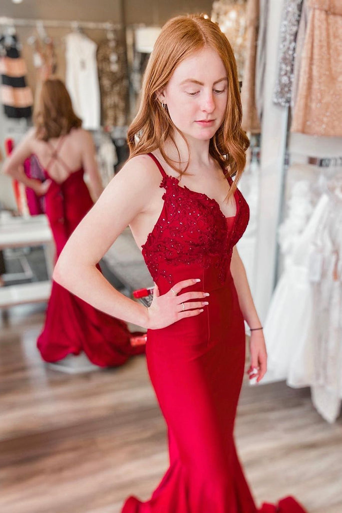 Mermaid V Neck Backless Red Lace Long Prom Dress, Mermaid Red Lace Formal Dress, Red Lace Evening Dress