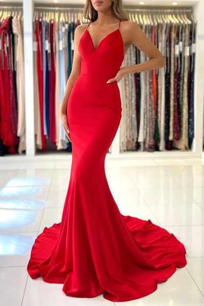 Mermaid V Neck Backless Red Long Prom Dress, Mermaid Red Formal Dress, Long Backless Red Evening Dress A1626