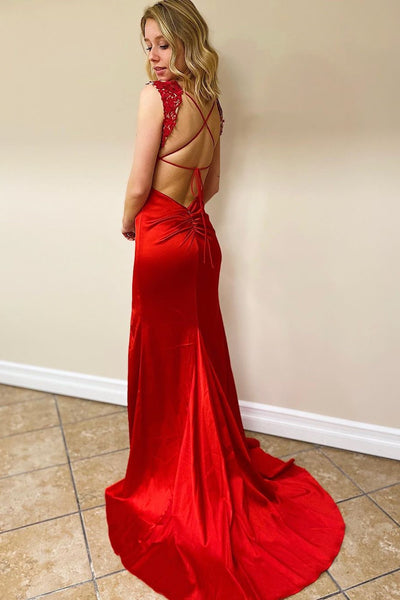 Mermaid V Neck Backless Red Long Prom Dress, Mermaid Red Formal Dress, Red Lace Evening Dress