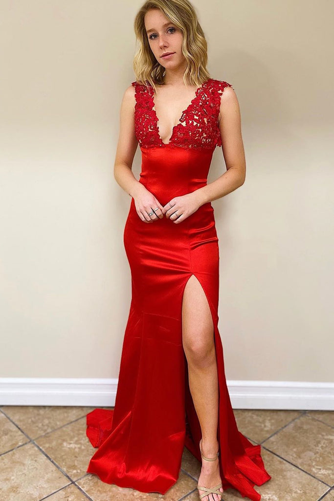 Mermaid V Neck Backless Red Long Prom Dress, Mermaid Red Formal Dress, Red Lace Evening Dress