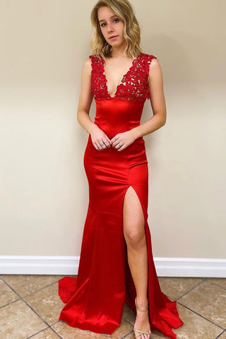 Mermaid V Neck Red Beaded Lace Floral Prom Dress, Mermaid Red Lace