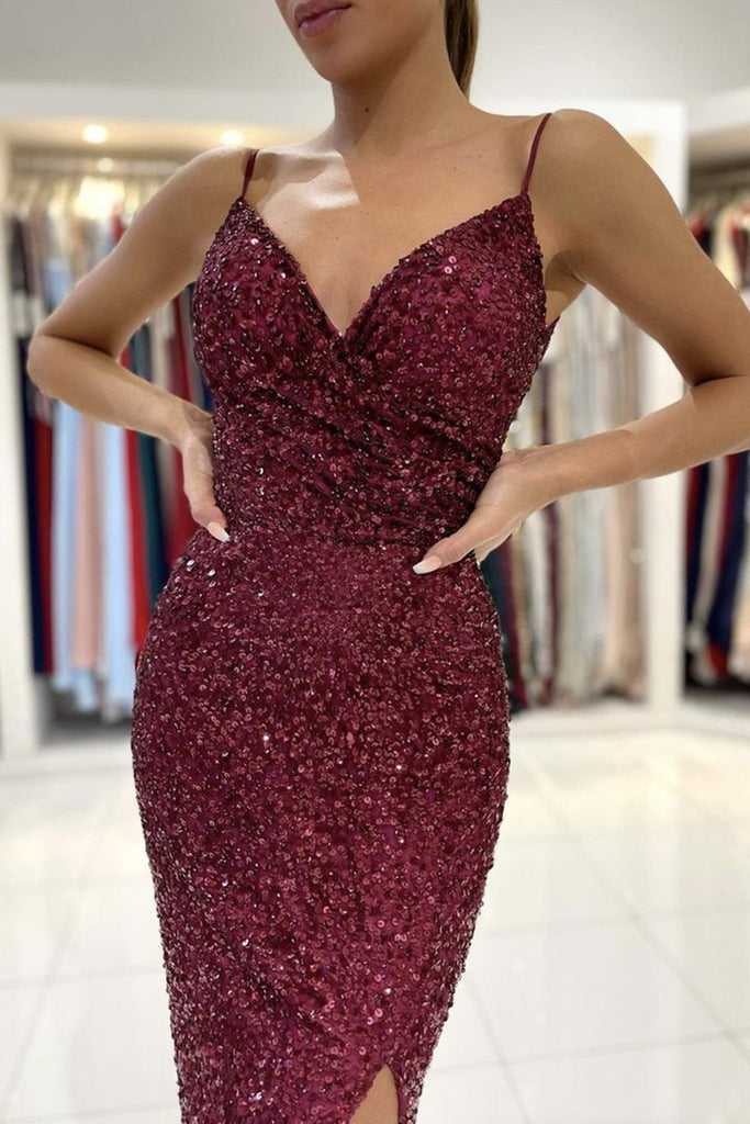 Mermaid V Neck Burgundy Sequins Long Prom Dress with High Slit, Mermai abcprom Mermaid V Neck Burgundy Sequins Long Prom Dress with High Slit, Mermai abcprom