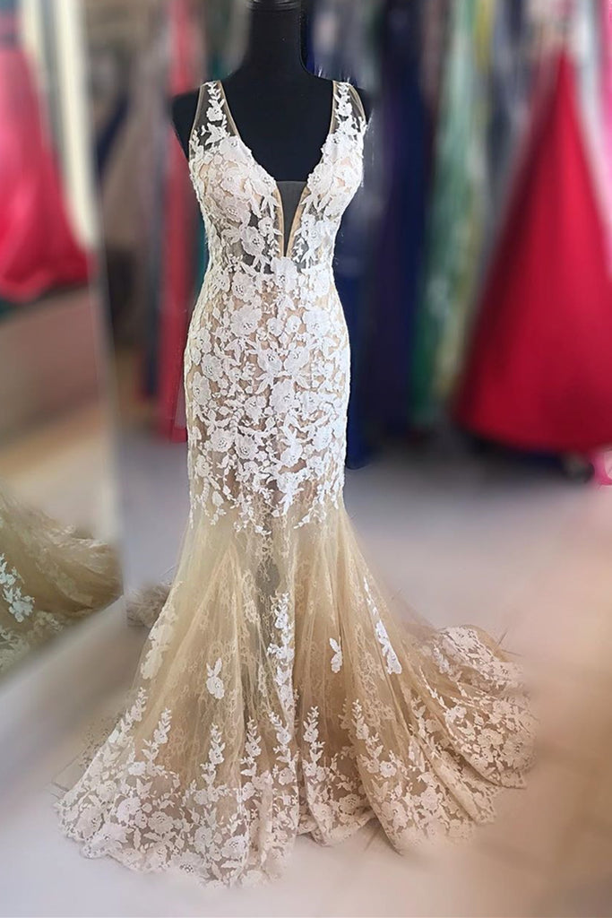 champagne color mermaid prom dresses Champagne Gold Mermaid V Neck Lace Long Evening Prom Dresses, MR7228