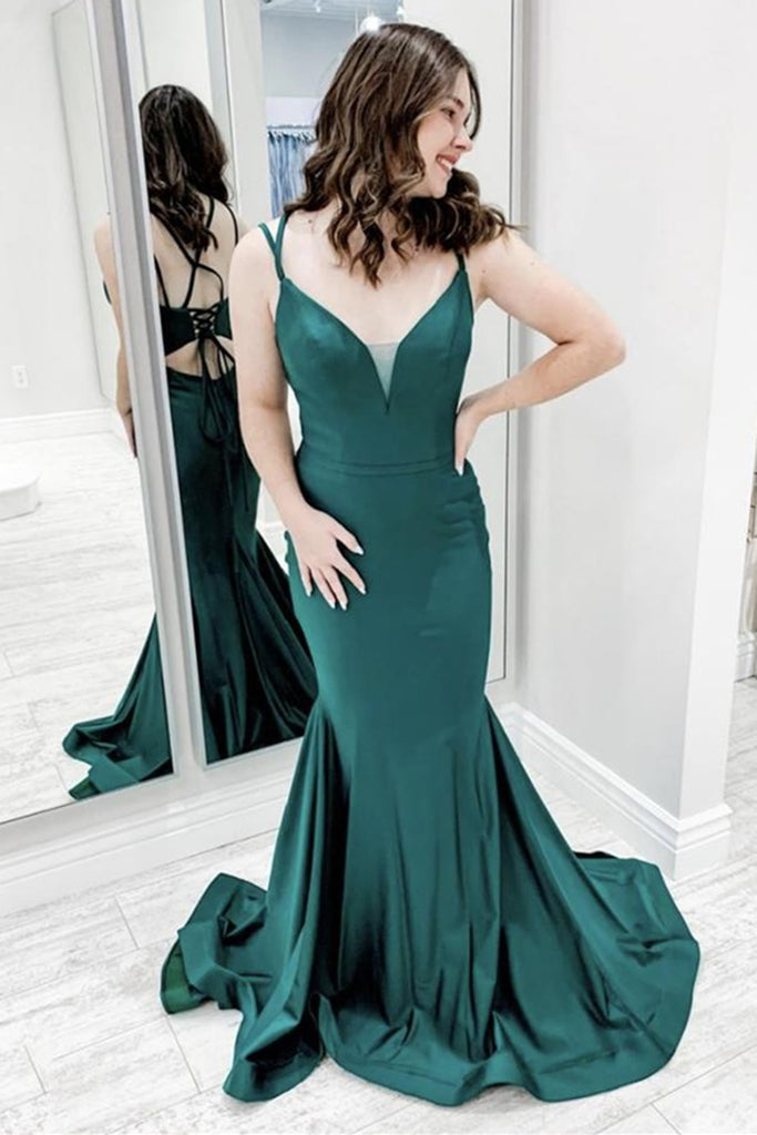 Mermaid V Neck Green Satin Long Prom Dress, Mermaid Green Formal Gradu abcprom Mermaid V Neck Green Satin Long Prom Dress, Mermaid Green Formal Gradu abcprom