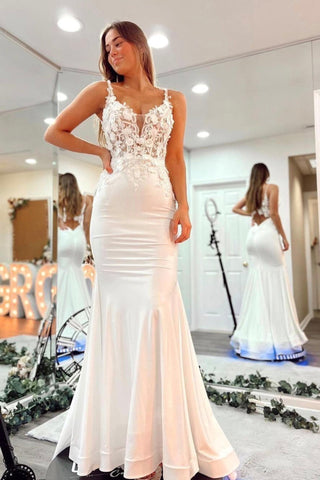 Mermaid V Neck Ivory Lace Long Prom Dress, White Lace Formal Dress, White Evening Dress A1410