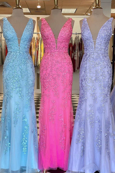 Mermaid V Neck Open Back Blue/Pink/Lavender Lace Long Prom Dress, Mermaid Blue/Pink/Lavender Formal Evening Dress A1510