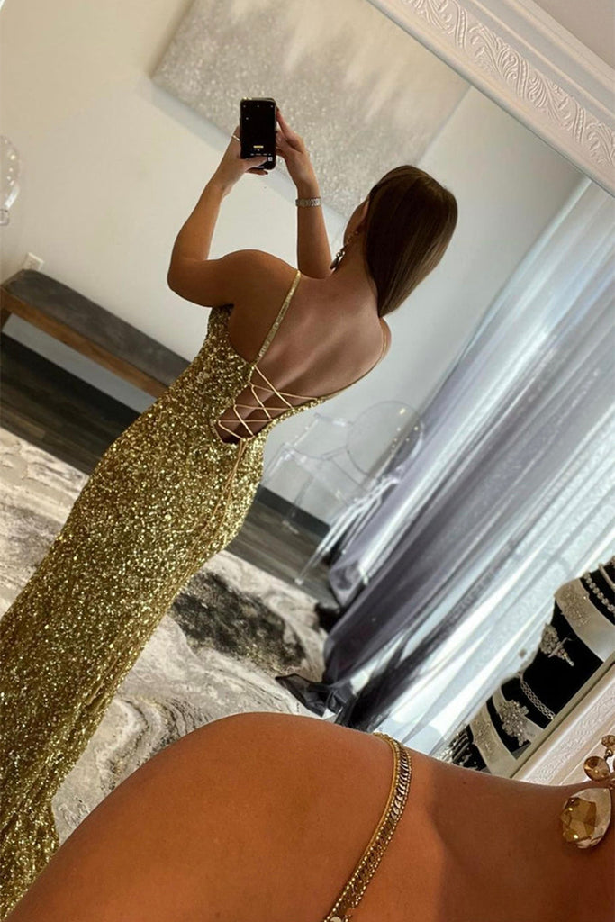 Mermaid V Neck Open Back Golden Sequins Long Prom Dress, Mermaid Gold abcprom Mermaid V Neck Open Back Golden Sequins Long Prom Dress, Mermaid Gold abcprom