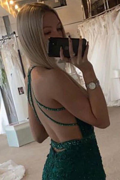Mermaid V Neck Open Back Green Lace Long Prom Dress with Belt, Mermaid Backless Green Formal Dress, Green Lace Evening Dress A1383
