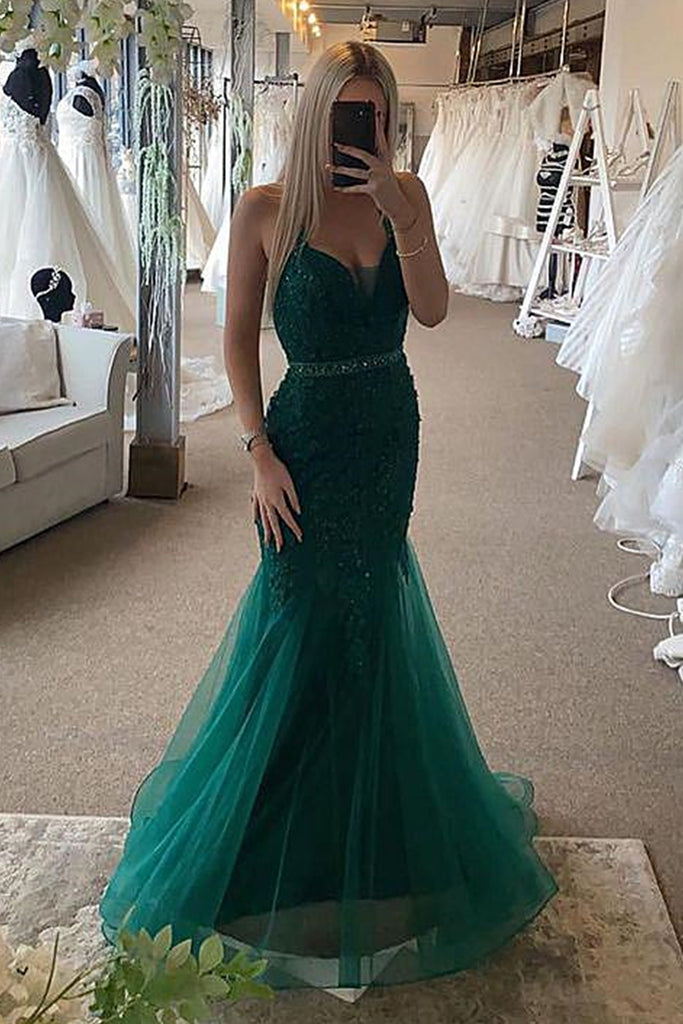 A-line Halter Long Lace Tulle Prom Dresses with Belt Formal Evening Go –  BIZTUNNEL
