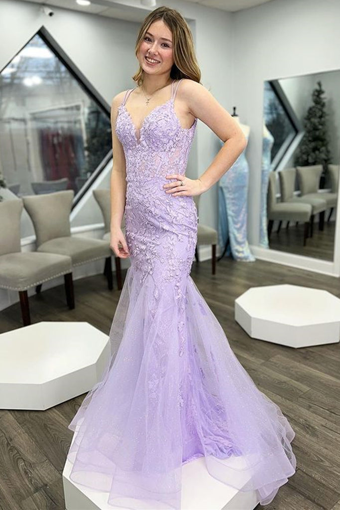 Mermaid V Neck Purple Lace Long Prom Dress, Mermaid Purple Formal Dress, Purple Lace Evening Dress A1770