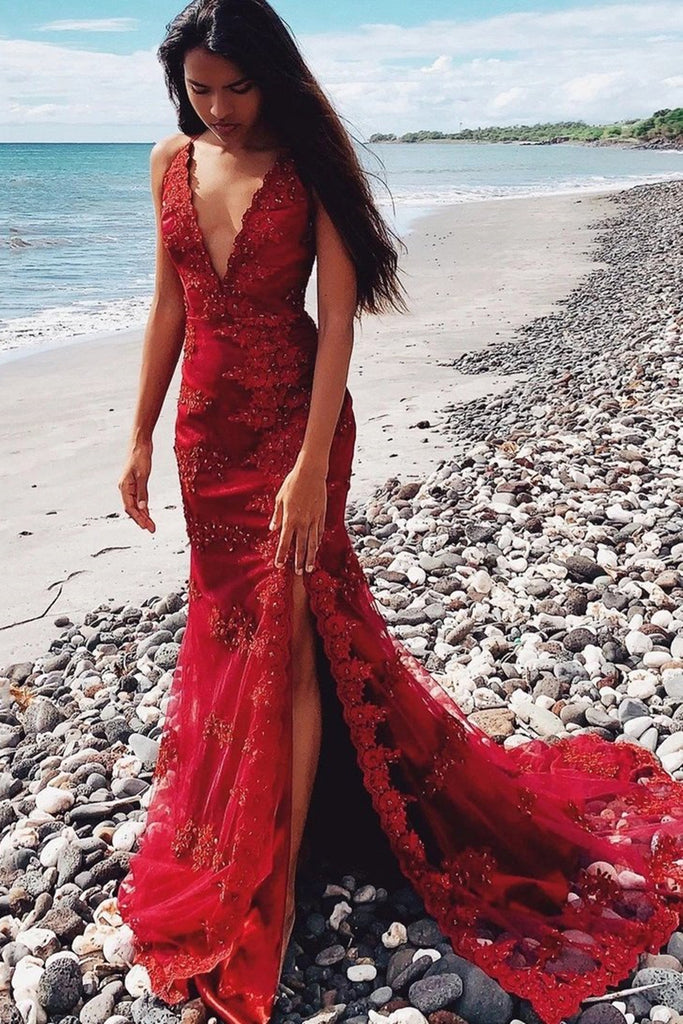 Mermaid V Neck Red Beaded Lace Floral Prom Dress, Mermaid Red Lace
