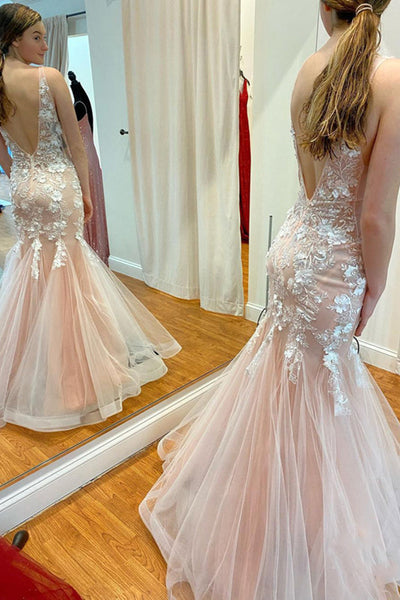 Mermaid V Neck Rose Pink Tulle Long Prom Dress with Appliques, Open Back Rose Pink Lace Formal Evening Dress A1415