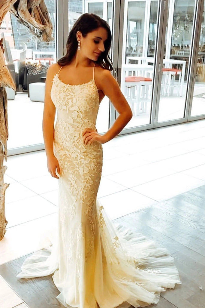 Mermaid Yellow Lace Long Prom Dress with Train, Yellow Lace Formal Dress, Yellow Evening Dress