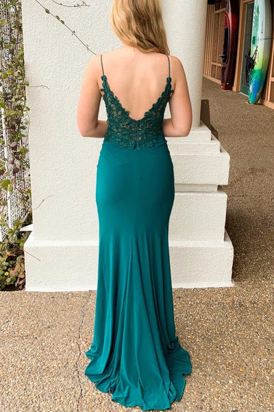 Mermaid Backless Lace Green Long Prom Dress with Slit, Green Mermaid Lace Formal Graduation Evening Dress