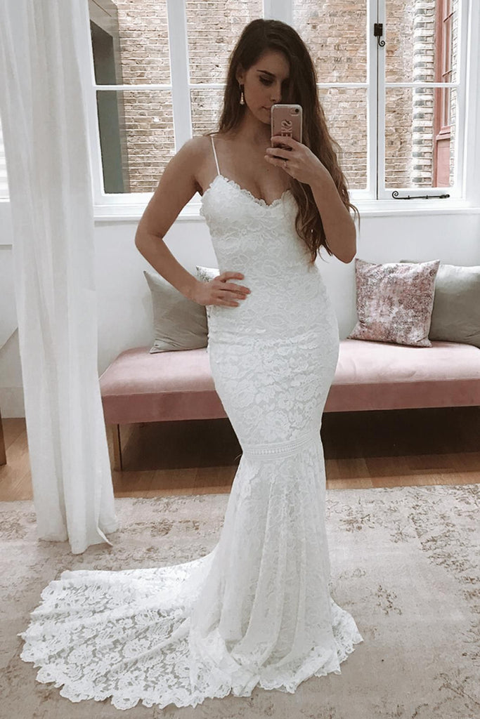 Mermaid Backless White Lace Long Prom Dress Wedding Dress with Train, Mermaid White Lace Formal Dress, Backless Lace Evening Dress