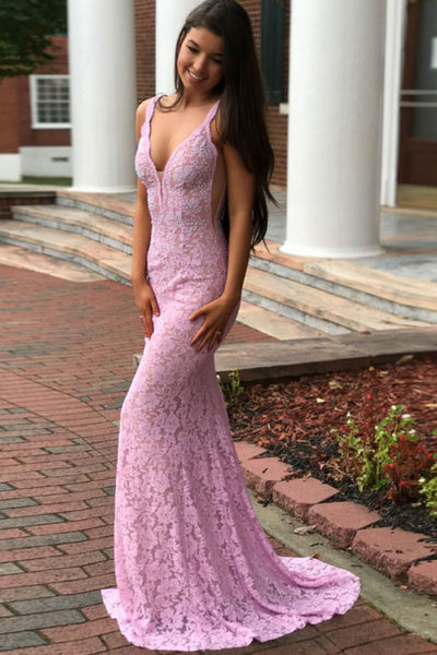 Mermaid Deep V Neck Backless Beading Lace Pink Prom Dresses with Sweep Train, Mermaid Pink Formal Dresses, Pink Lace Evening Dresses