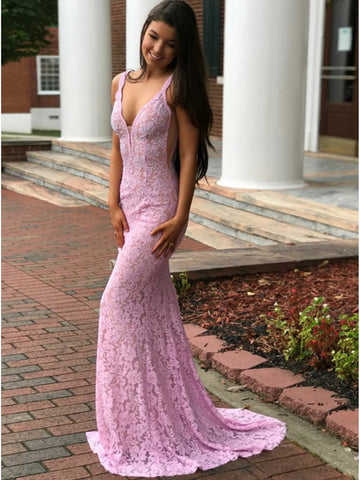 Mermaid Deep V Neck Backless Beading Lace Pink Prom Dresses with Sweep Train, Mermaid Pink Formal Dresses, Pink Lace Evening Dresses