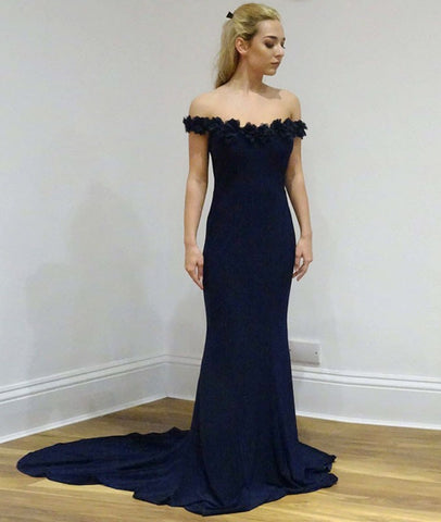 Mermaid Off Shoulder Appliques Navy Blue Long Prom Dresses, Mermaid Navy Blue Formal Evening Dresses Off Shoulder Graduation Dresses