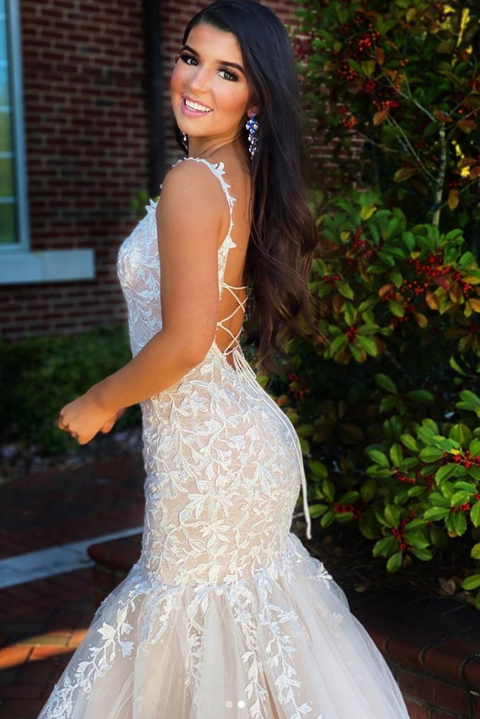 champagne lace mermaid wedding dress Mermaid Open Back Champagne Lace Long Prom Dress, Mermaid Champagne Fo –  abcprom
