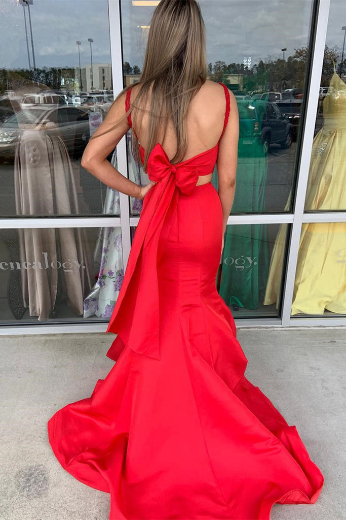 strapless open back dress Mermaid Two Pieces Lace Red Long Prom Dresses, Two Piece Red Formal Dr –  abcprom