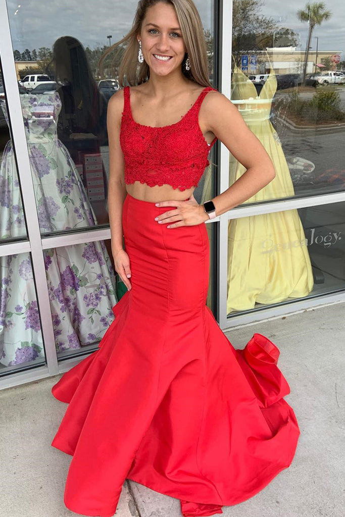 Mermaid Two Pieces Lace Red Long Prom Dresses, Two Piece Red Formal Dr abcprom Mermaid Two Pieces Lace Red Long Prom Dresses, Two Piece Red Formal Dr abcprom